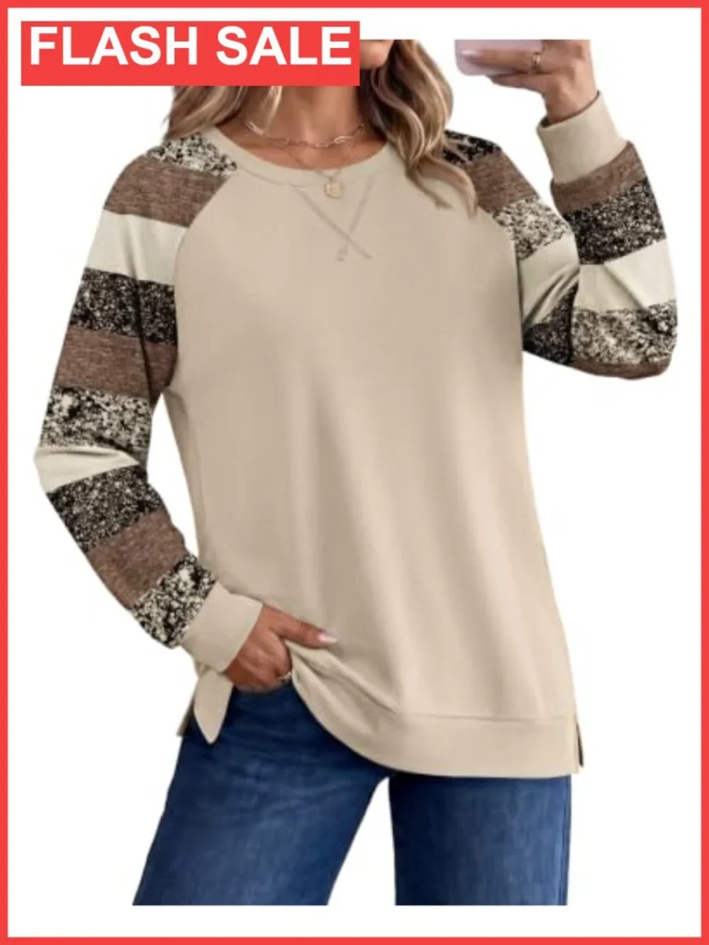 Oversized Color Block Sweatshirt Crewneck Long Sleeve Side Slit Pullover
